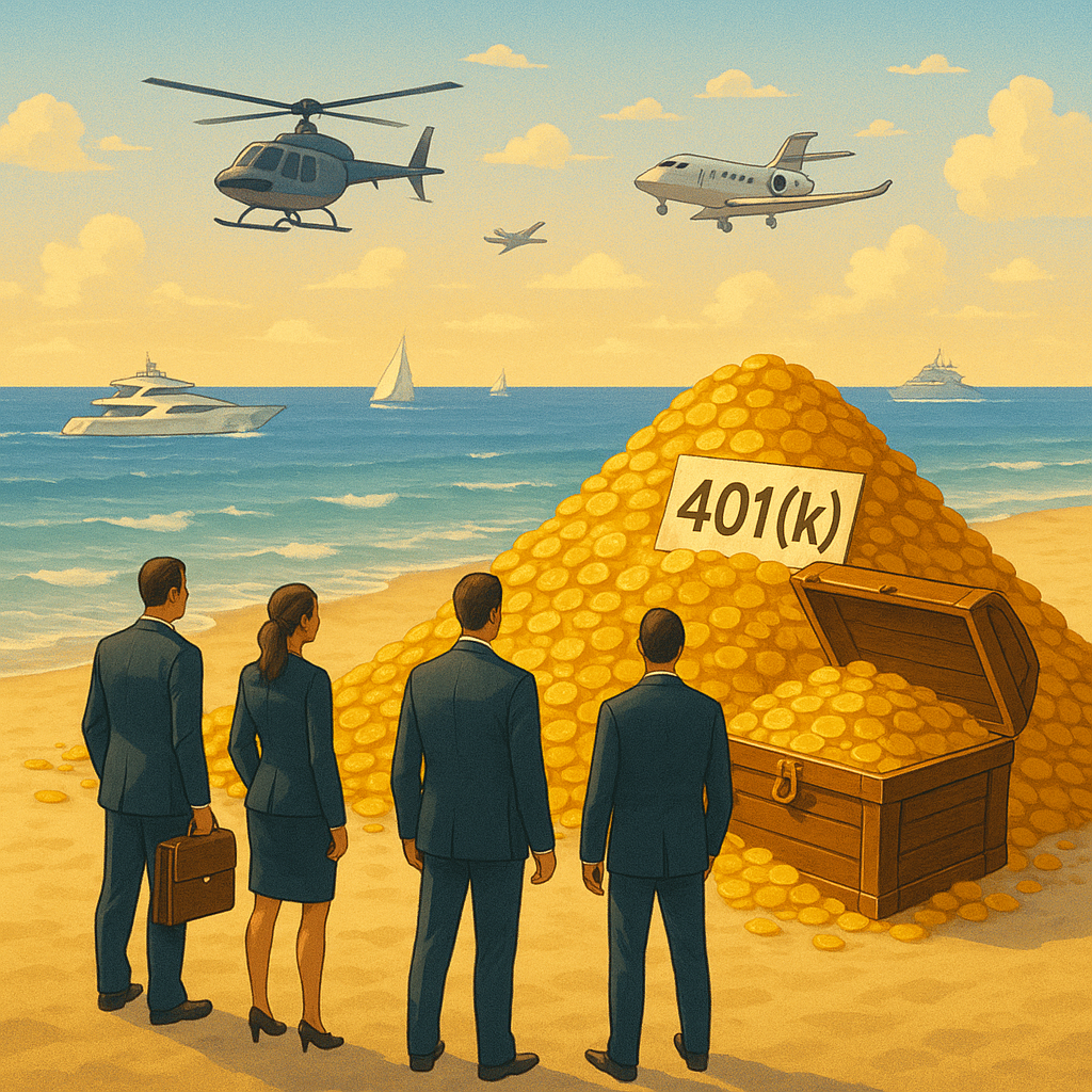 Four business professionals in suits stand on a beach, looking at a giant pile of gold coins labeled “401(k)” next to an overflowing treasure chest. In the background, yachts, sailboats, helicopters, and a private jet travel across the sea and sky under a sunny, cloud-dotted sky.