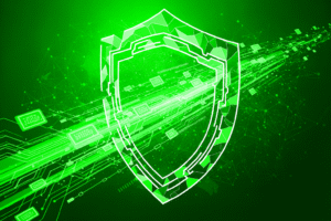 A glowing green digital shield is displayed in the center, symbolizing cybersecurity and protection. Behind it, streams of circuit-like lines and interconnected nodes extend outward, creating a sense of motion and data flow on a dark green background.
